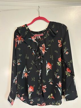Ann Taylor Black Floral Ruffle-Front Blouse